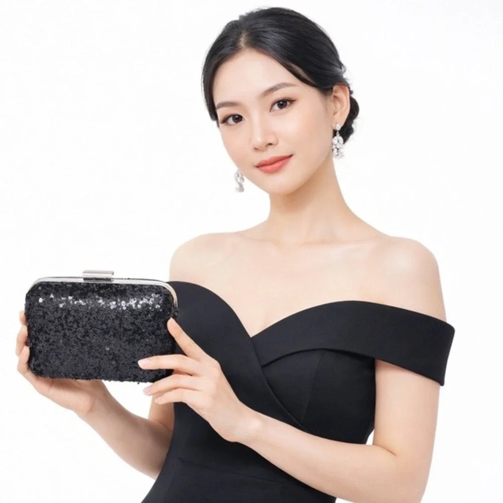 Expressions NYC Black Sequin Box Clutch Evening Bag Silver Chain Strap 43-12
